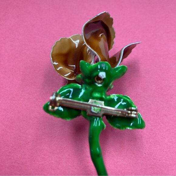 Rose Flower Brooch Pin Brown and Green Jewelry Accessory Boutonniere Ceramic - Picture 4 of 12